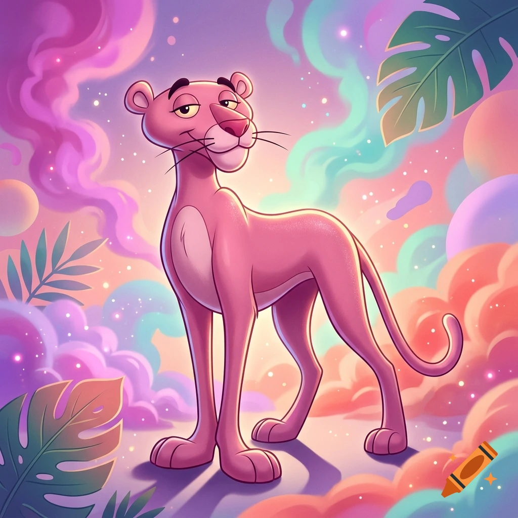 A stylized digital illustration of the Pink Panther standing against a colorful, dreamy background filled with pastel clouds, glowing light, and tropical leaves.