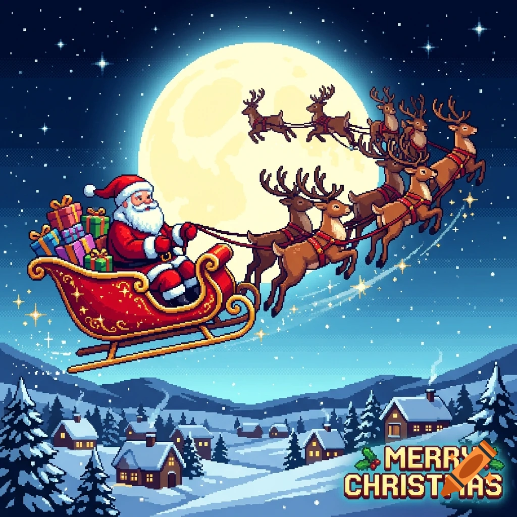 Pixel art of Santa Claus and his reindeer flying in a sleigh across a starry night sky with a large moon and snowy village below, with Merry Christmas text.