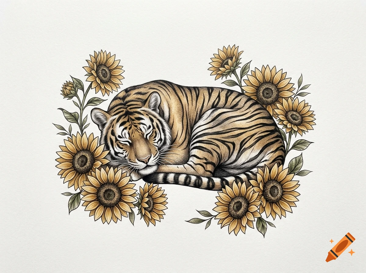 Detailed tattoo style illustration of a sleeping tiger surrounded by blooming sunflowers on a plain white background.