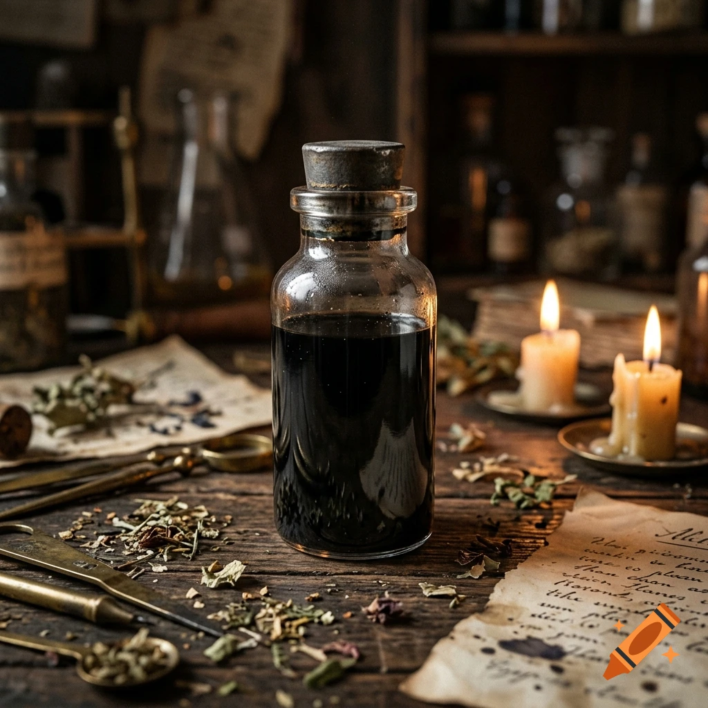 Photorealistic close-up of a glass bottle filled with dark black liquid, corked and sitting on an old wooden table with candles and scattered herbs.