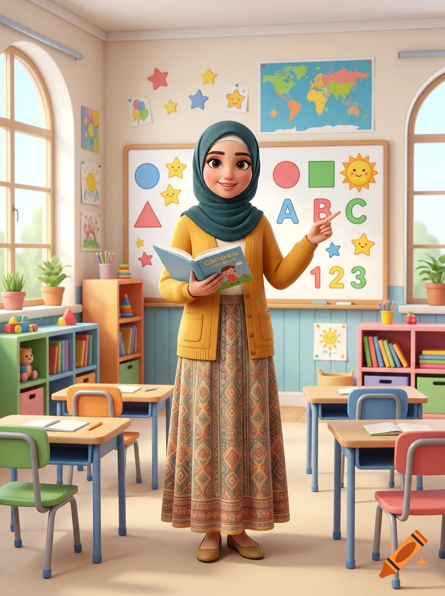 A friendly Muslim teacher in a hijab holding a book in a colorful elementary school classroom, 3D cartoon style.