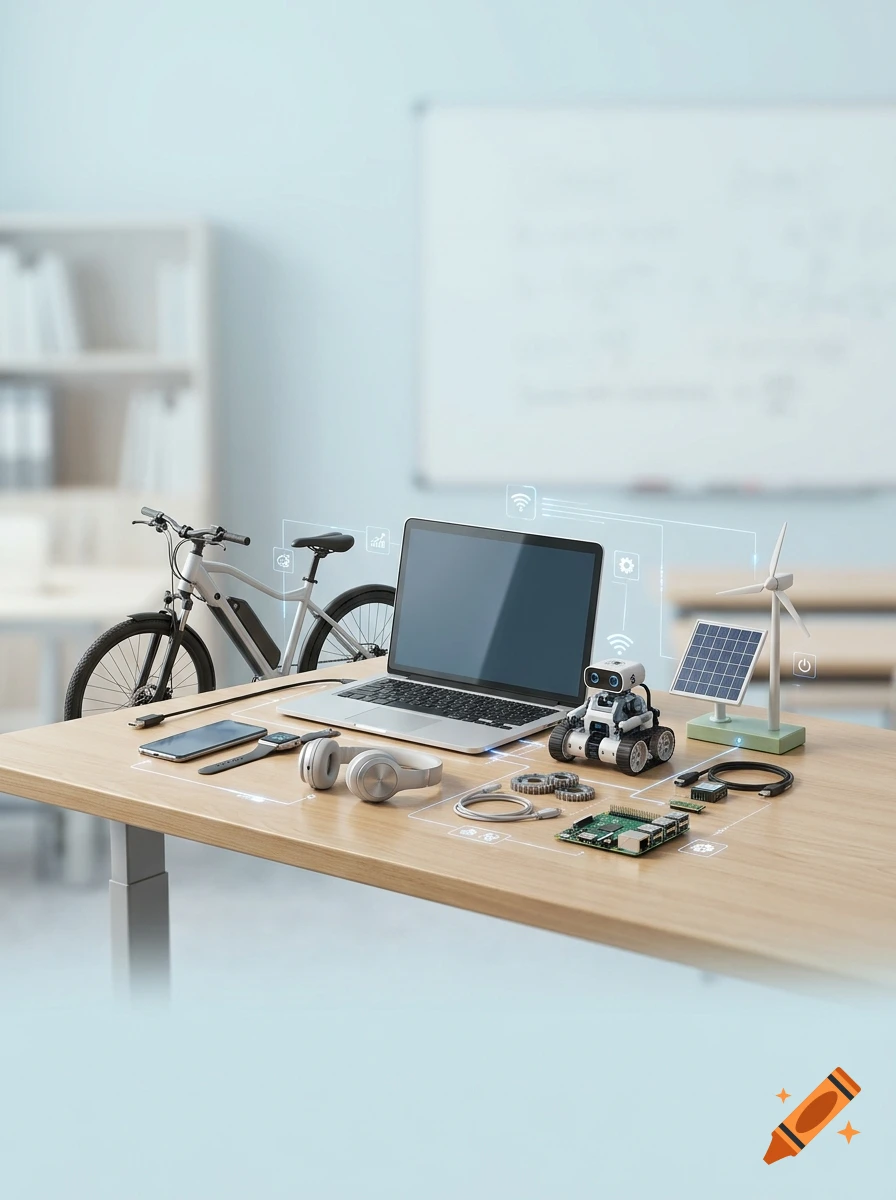 Photorealistic desk setup with a laptop, e-bike, mini robot, and various tech gadgets with technical UI overlays.