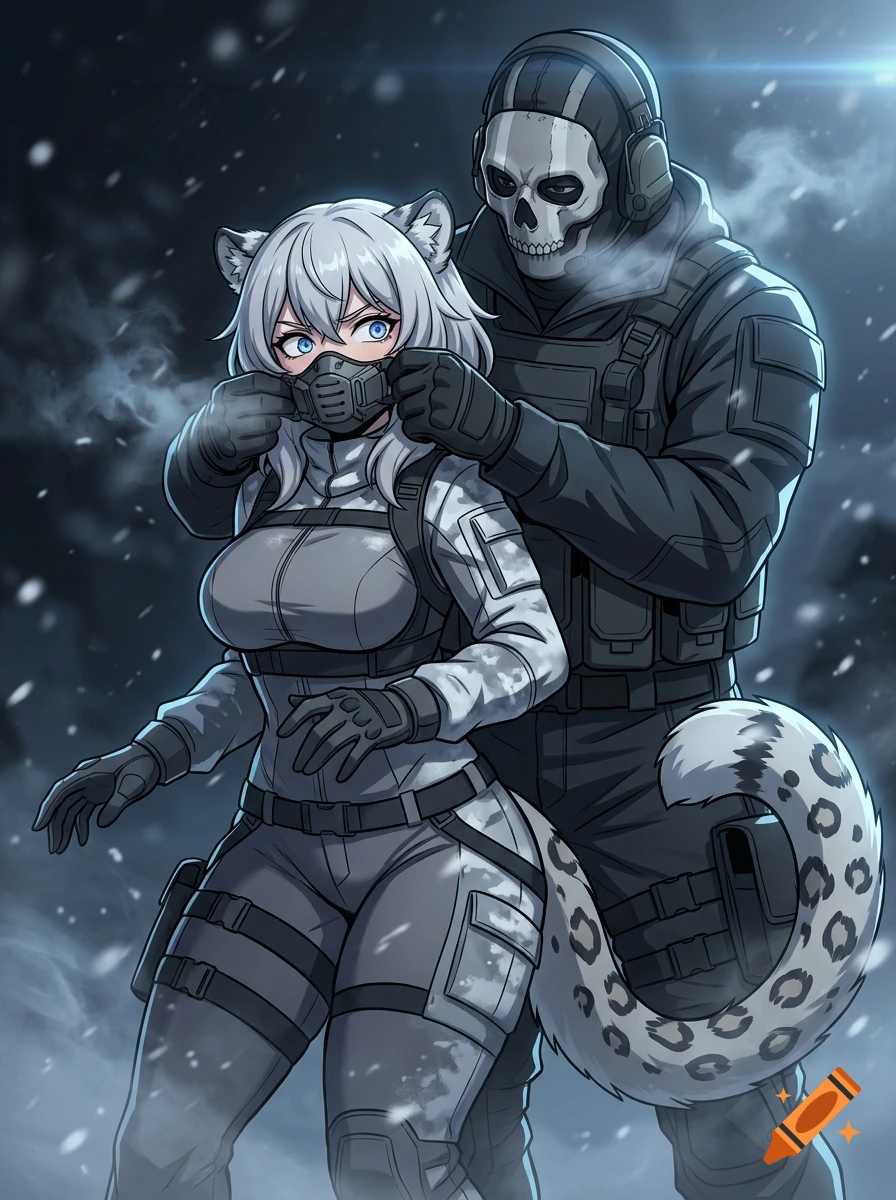 Anime style illustration of a snow leopard kemonomimi woman in tactical gear being restrained by Ghost from Call of Duty in a snowy setting.