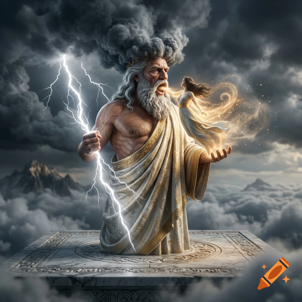 Digital painting of Zeus with a cloud-like beard and hair, holding lightning, with a glowing goddess figure emerging from his mouth, set against a stormy sky and mountains.