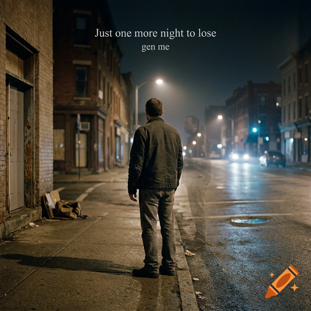 Photorealistic night scene of a man standing on a city sidewalk looking down a street, with a semi-transparent ghostly figure beside him and text above.