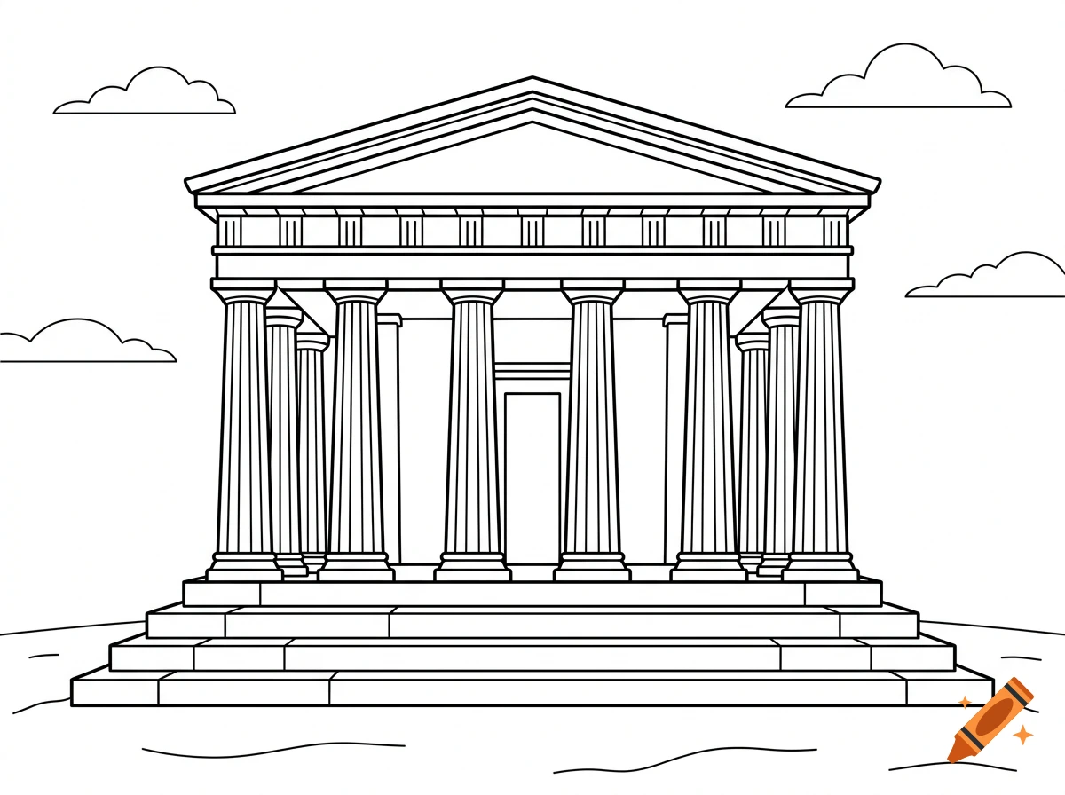 Black and white coloring book style illustration of an ancient Greek temple with columns and clouds in the sky.