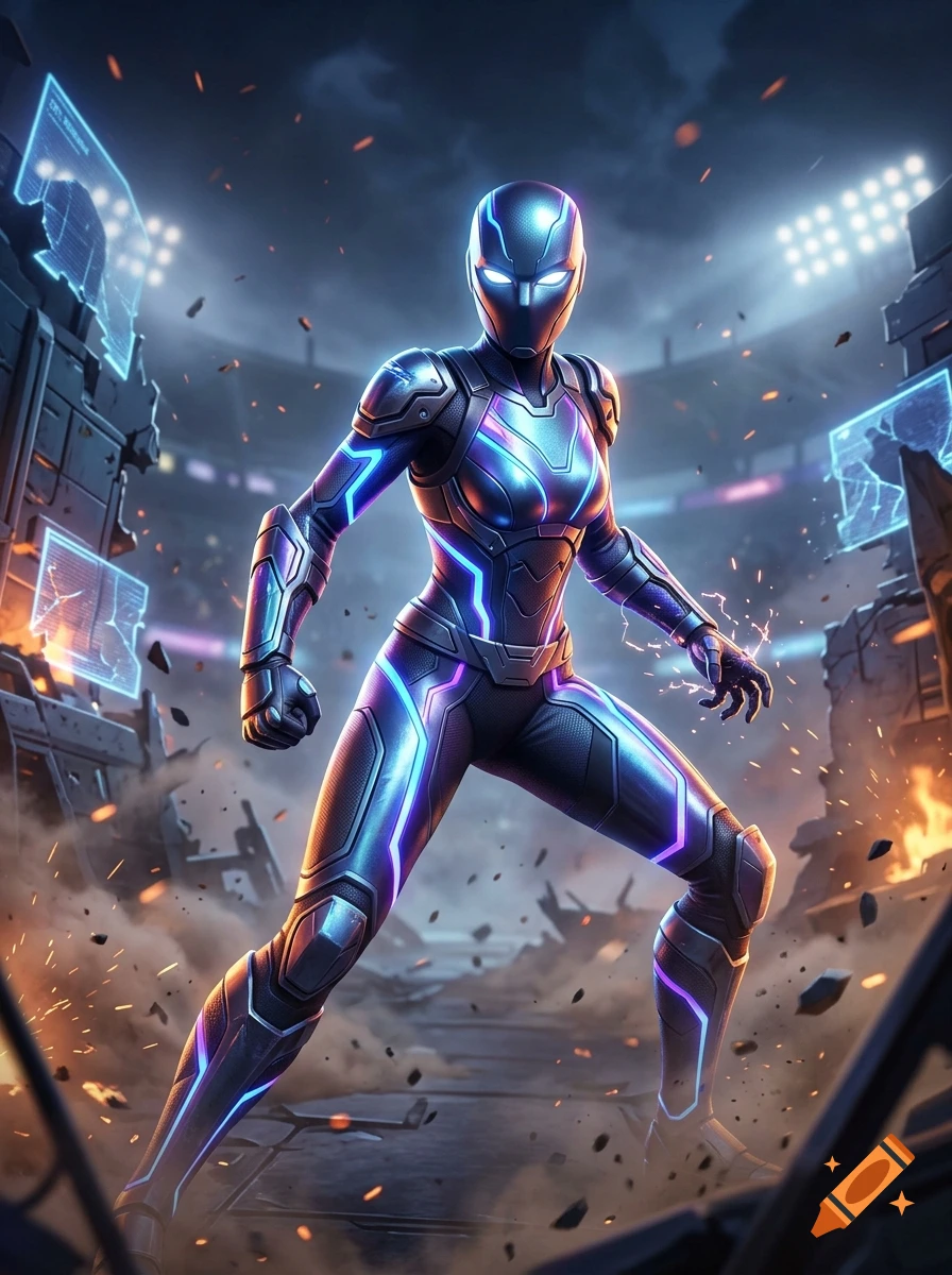 A futuristic female warrior in sleek black and blue glowing armor posing dynamically in a destroyed arena.