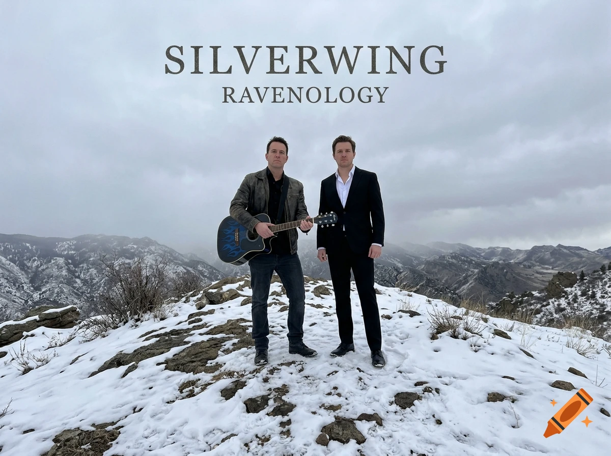 Photorealistic album cover featuring two men standing on a snowy mountain ridge under an overcast sky, with text SILVERWING RAVENOLOGY.