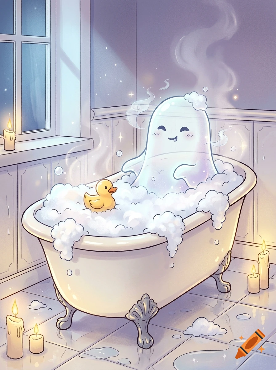 Digital illustration of a cute, friendly ghost taking a bubble bath with a rubber duck in a vintage bathroom at night.