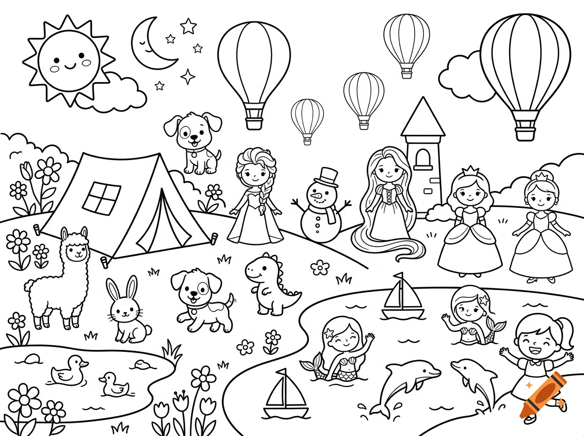 Black and white line art coloring page for toddlers featuring princesses, animals, hot air balloons, and a landscape.