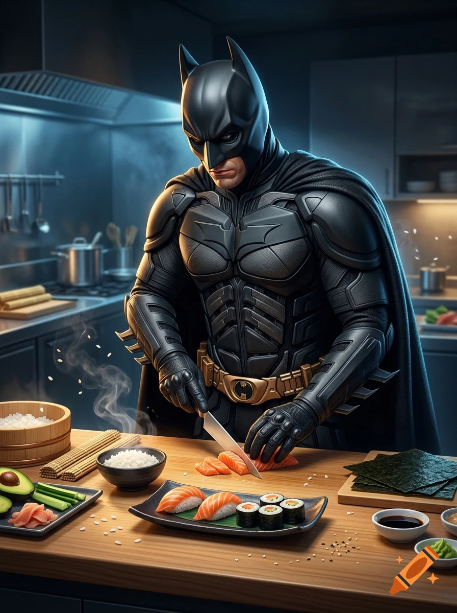 Batman prepares sushi in a modern kitchen, carefully slicing salmon on a wooden cutting board beside bowls of rice and nori sheets.