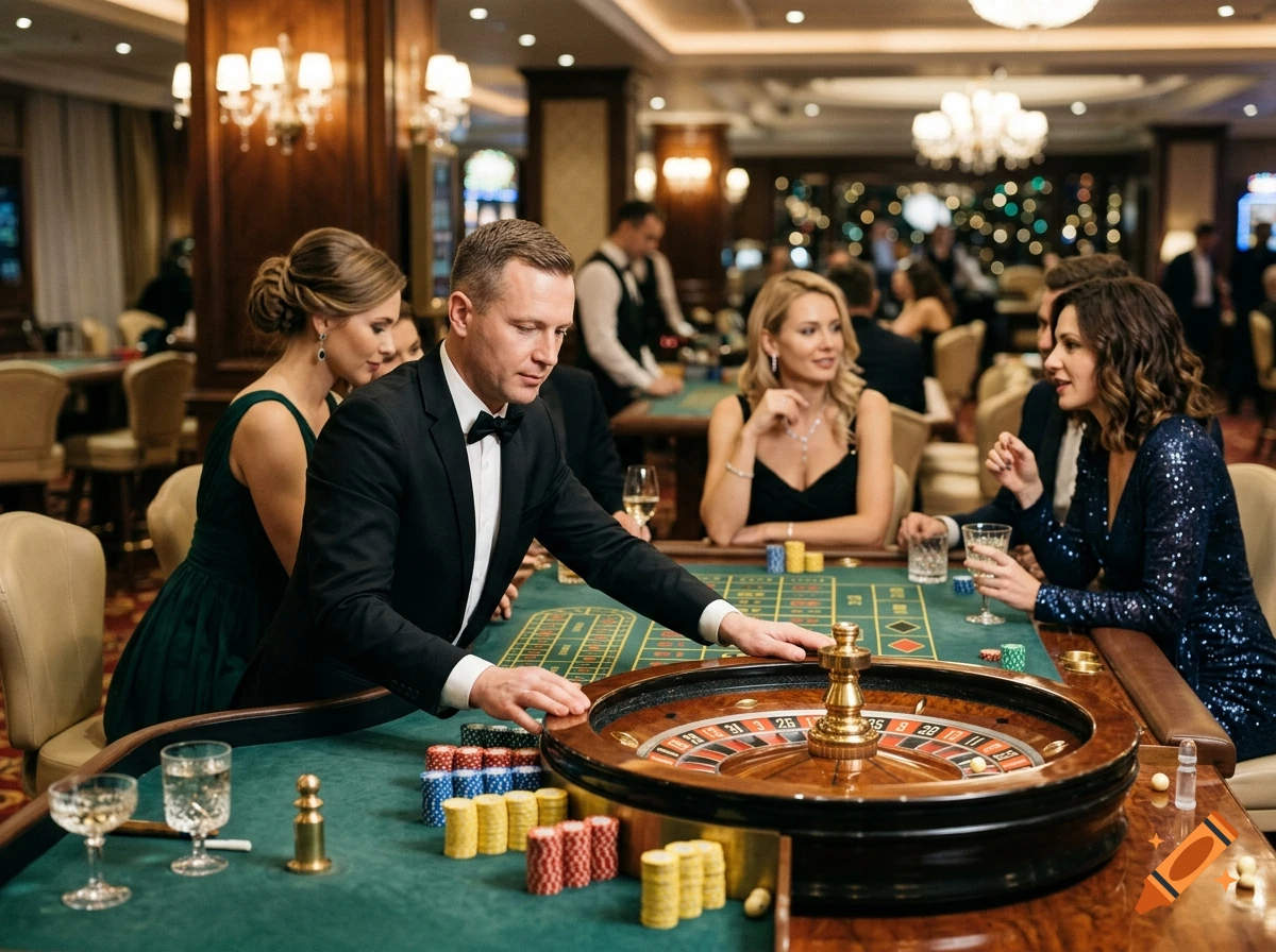 Photorealistic image of a croupier at a roulette table surrounded by elegantly dressed women in a casino.