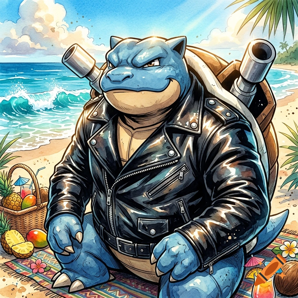 Comic book watercolor art of Blastoise wearing a black leather biker jacket, relaxing on a tropical beach with a picnic basket.