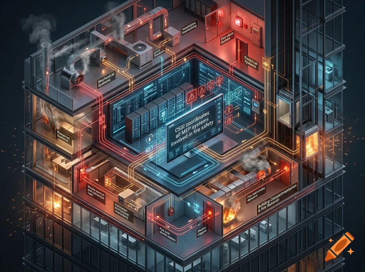 Detailed isometric cutaway view of a modern skyscraper showing fire safety systems, server rooms, and mechanical equipment.