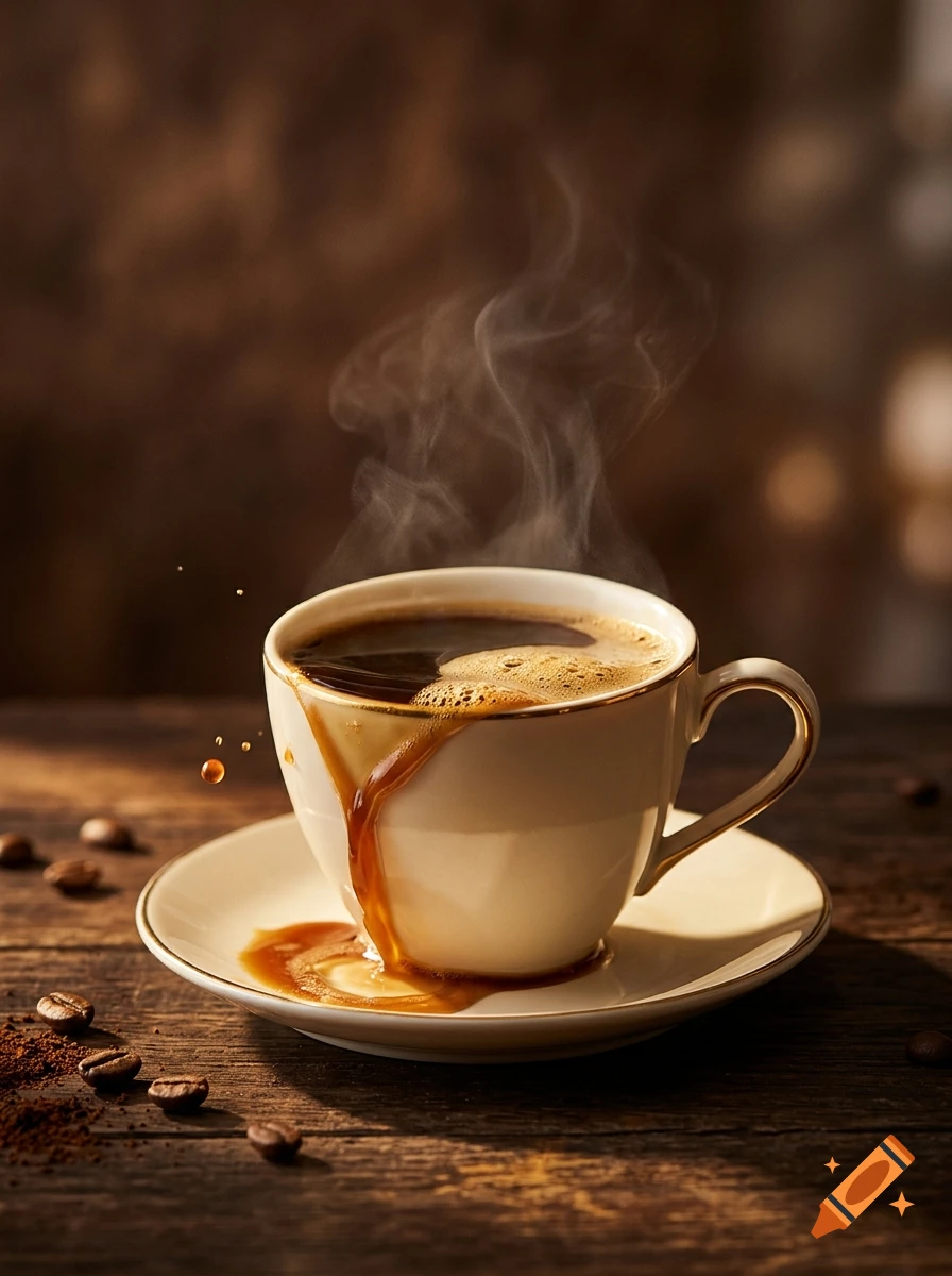 A hot cup of coffee with a splash spilling over the side into a saucer on a dark wooden table with coffee beans.