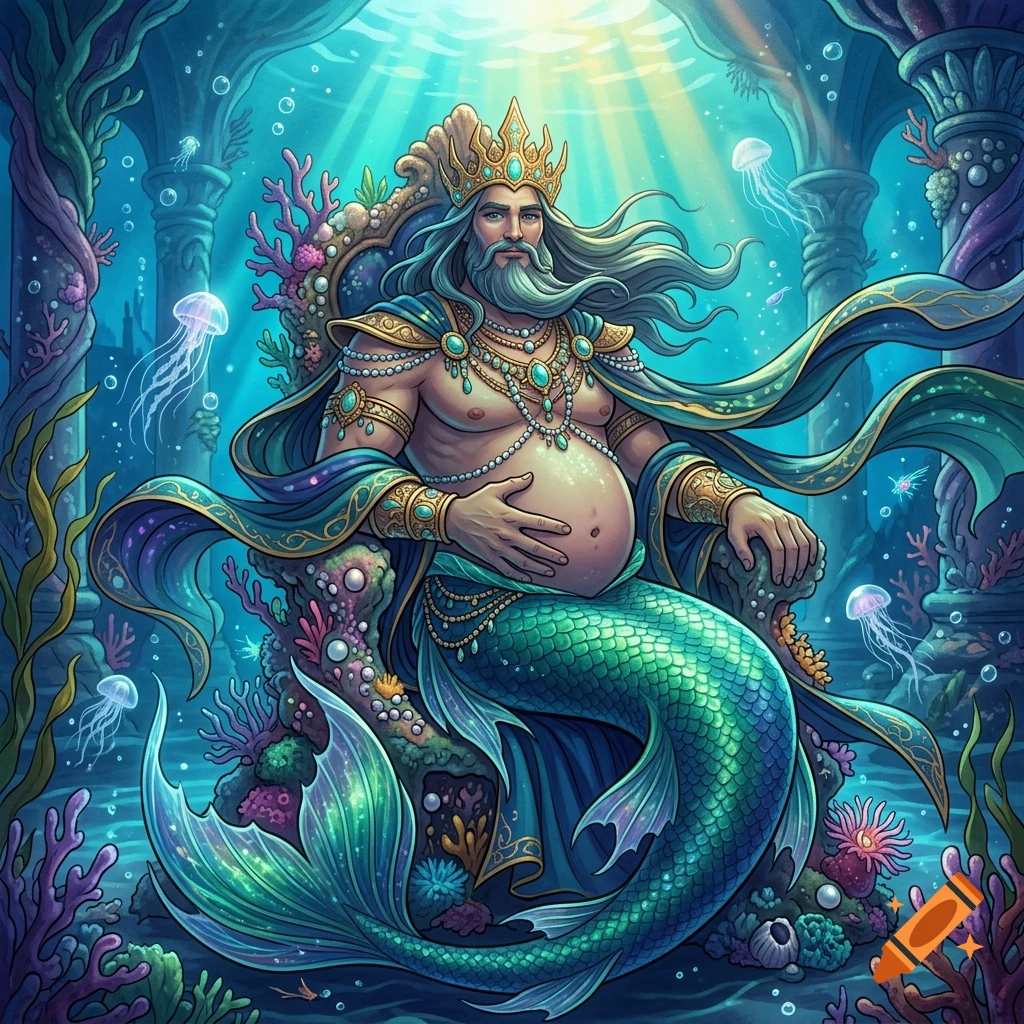 2D animated style illustration of a male merman king with a crown and beard, sitting on an underwater throne.