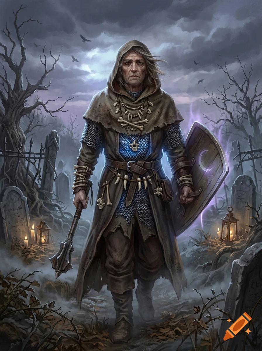 Digital painting of a weathered twilight domain cleric in a graveyard, wearing bone jewelry, chain mail, and holding a mace and shield.
