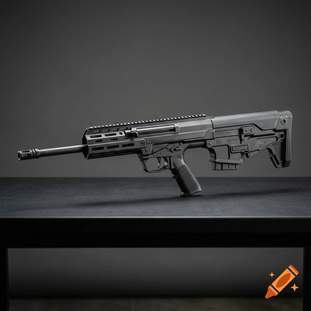 Photorealistic image of a black bullpup rifle kit on a dark table against a grey background.