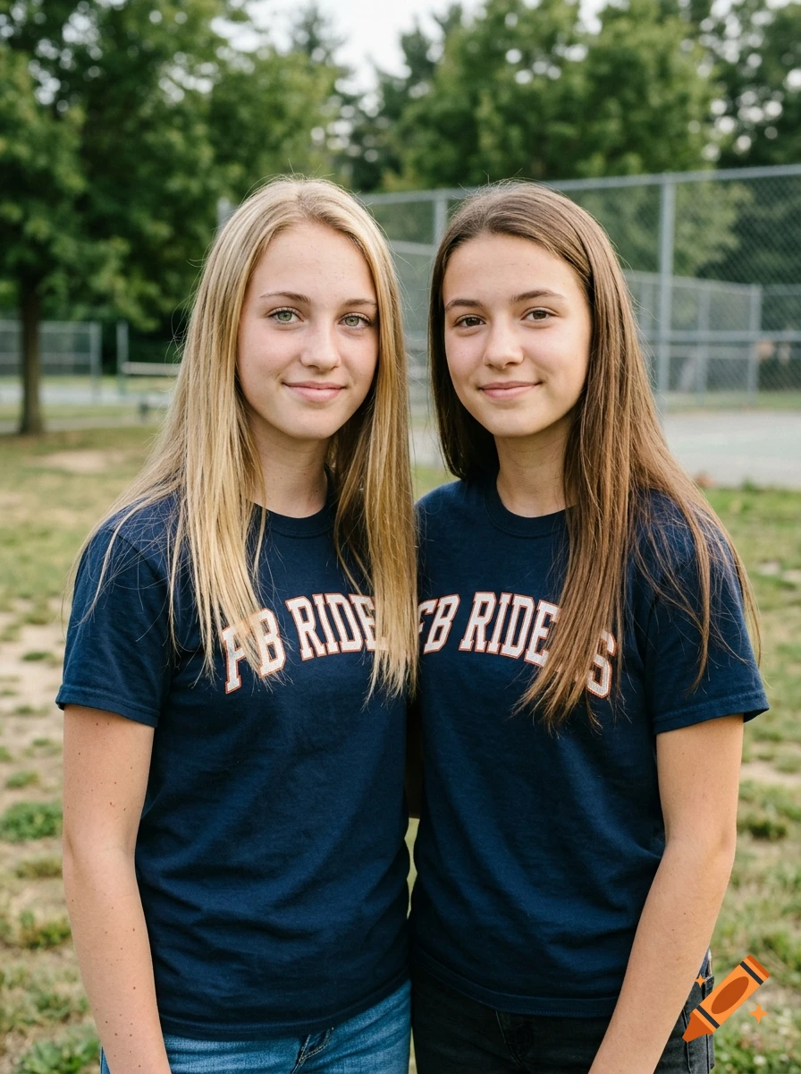 Photorealistic portrait of two teenage girls standing outside wearing matching navy blue FB Riders t-shirts.