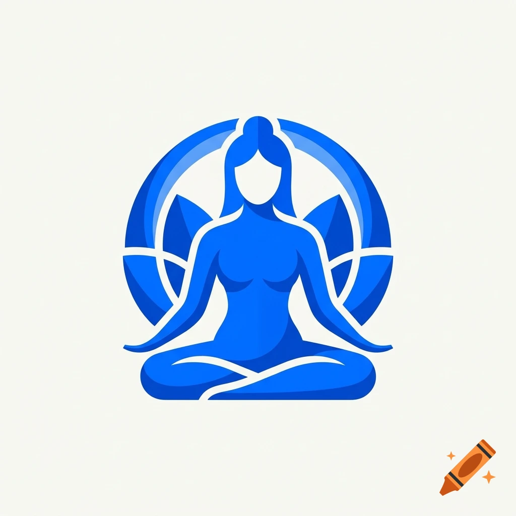 A minimalist electric blue icon of a woman meditating in a lotus pose with a circular symbol and lotus petals in the background, set against a light background.