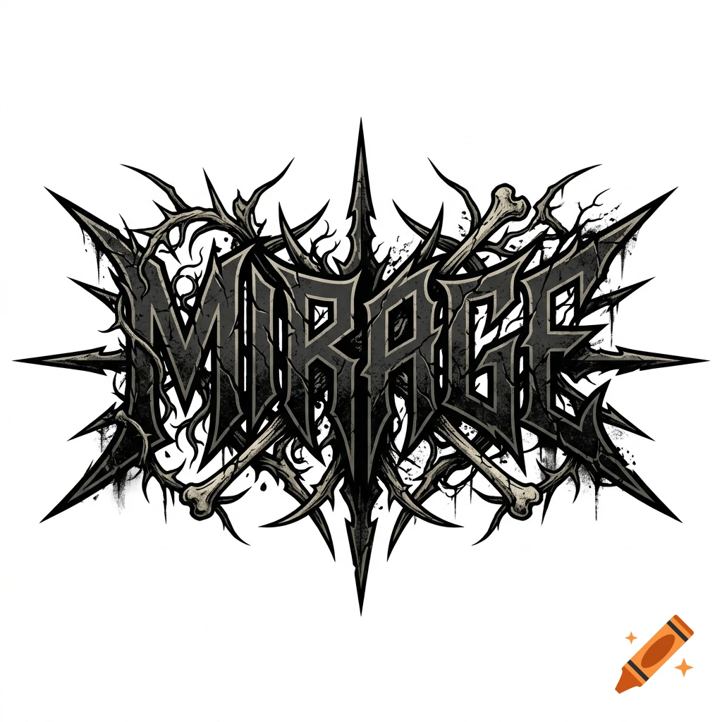Black metal style band logo spelling Mirage with sharp spikes and bone motifs.