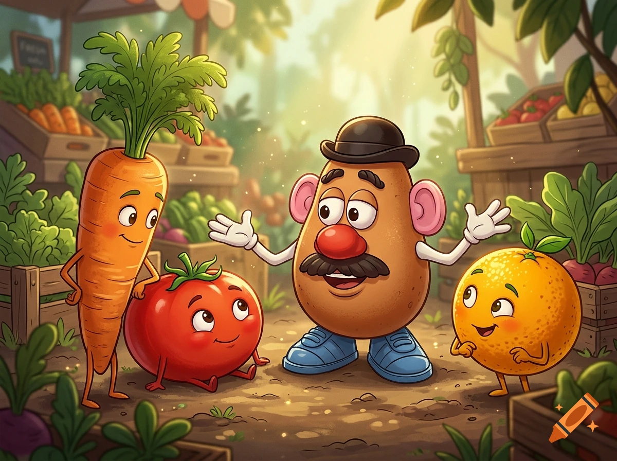 Cartoons of Mr. Potato Head, a carrot, a tomato, and an orange talking in a garden market, vibrant digital illustration style.