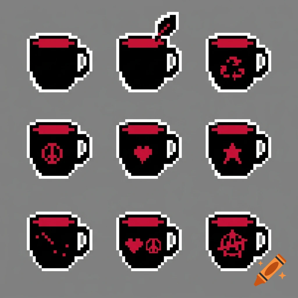 A 3x3 grid of minimalist 8-bit pixel art coffee cup badges with various red symbols on a grey background.