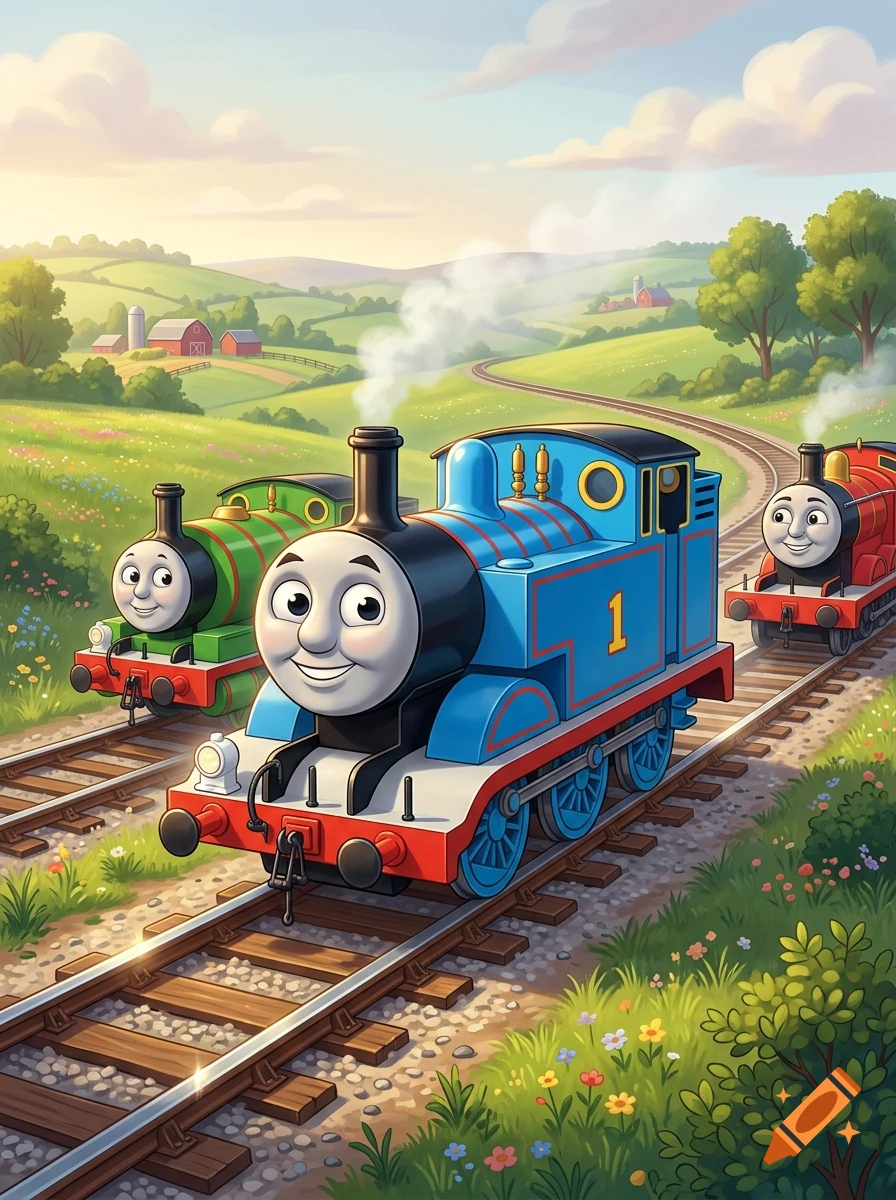 Digital illustration of Thomas the Tank Engine and friends on railway tracks in a lush green countryside.