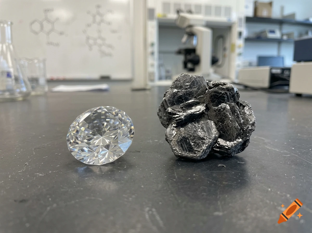 A faceted diamond-like gemstone and a dark crystalline mineral specimen sit on a laboratory bench, with laboratory equipment in the background.