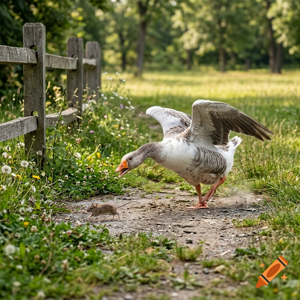 An aggressive goose with outspread wings hisses at a small mouse running away on a dirt path beside a wooden fence.