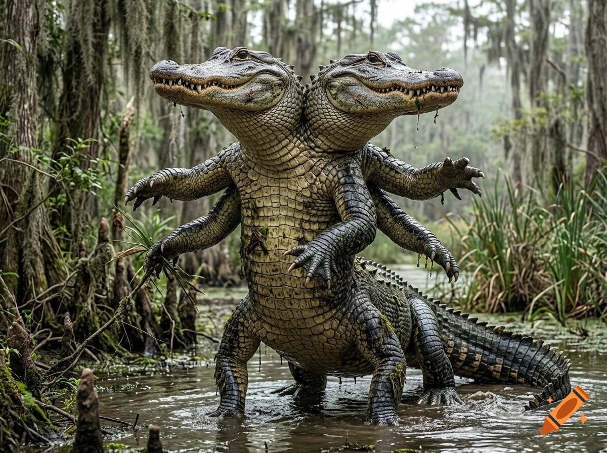 Photorealistic image of a fantastical two-headed, multi-armed alligator standing in a swampy wetland.