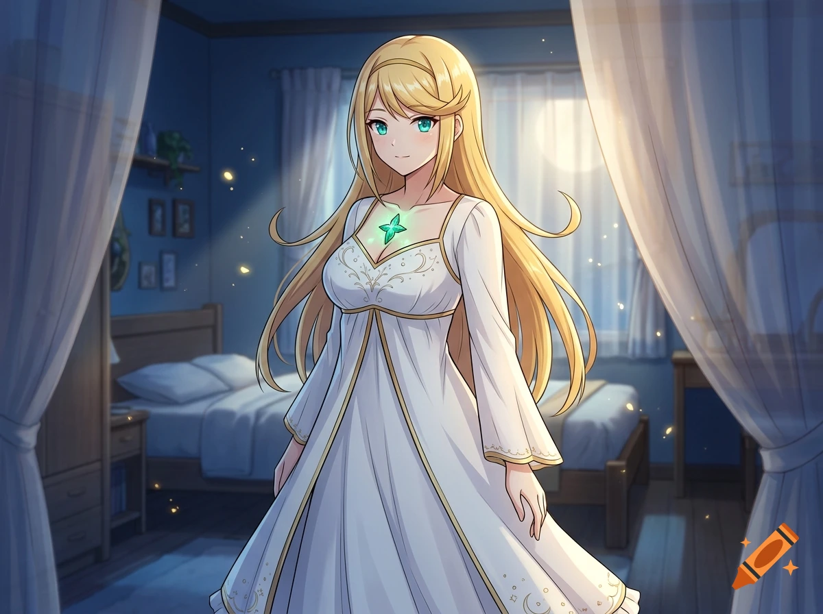 Anime style illustration of a blonde woman wearing a white nightgown with a glowing green core in her chest, standing in a bedroom.