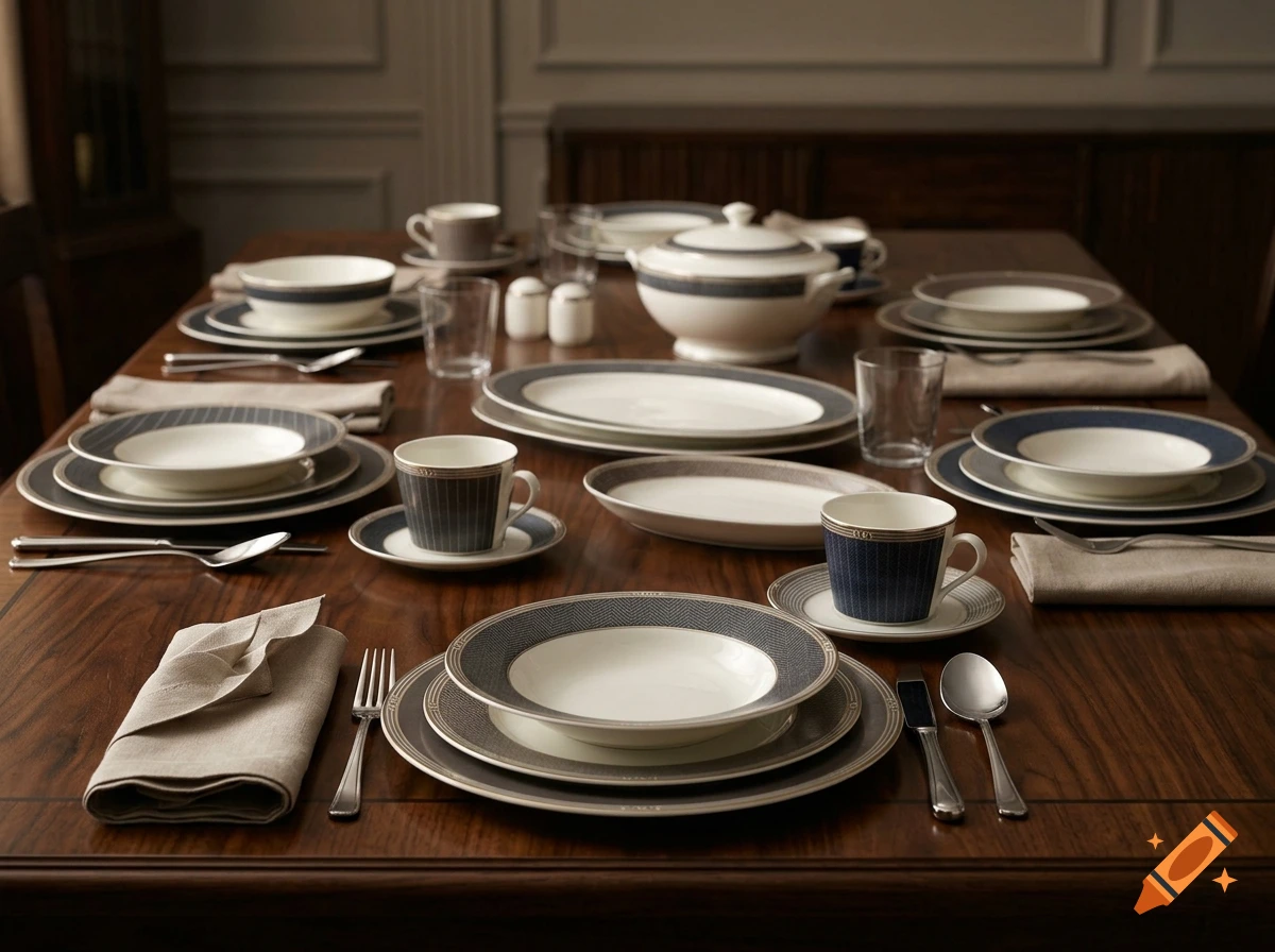 A formal dining table set with white porcelain dishes featuring a 1930s men's suit fabric pattern, arranged with glassware and silverware.