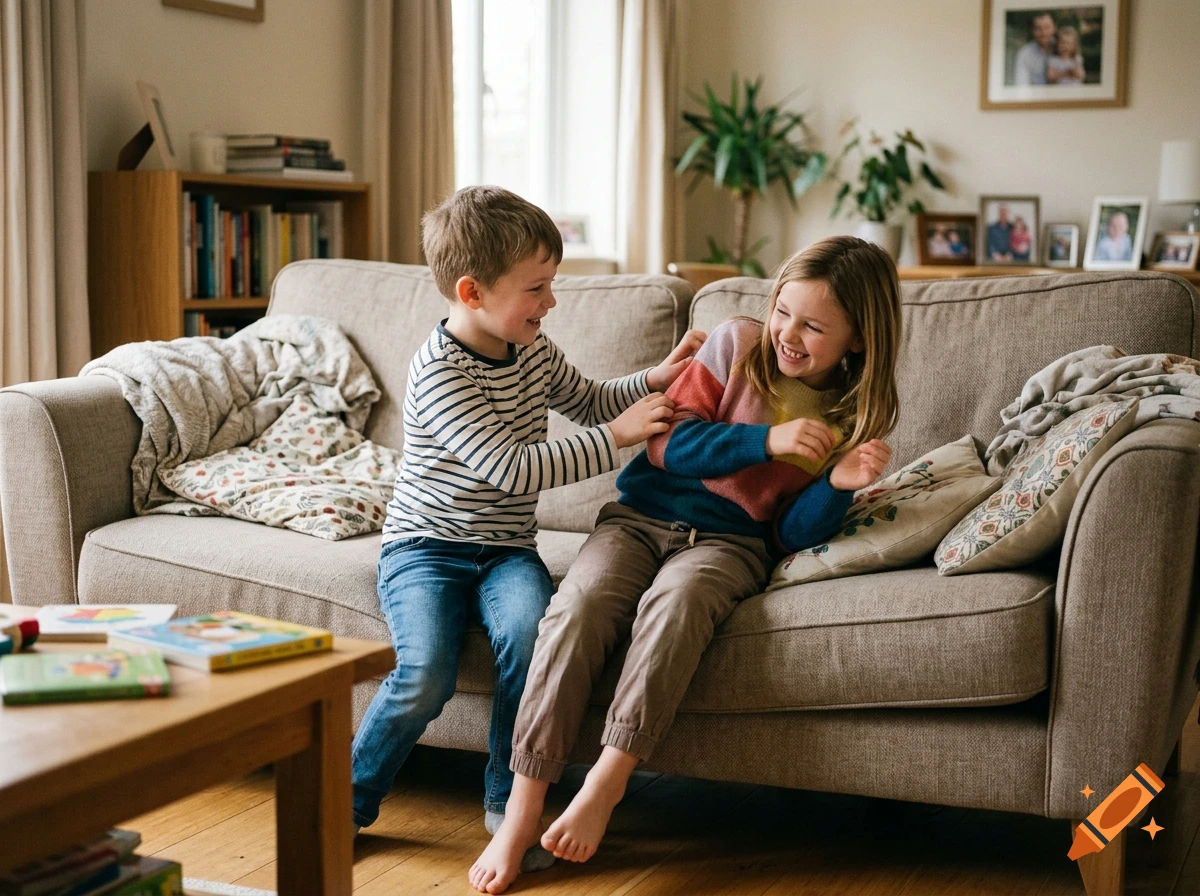 A young boy tickling a laughing girl sitting on a living room sofa, photorealistic.