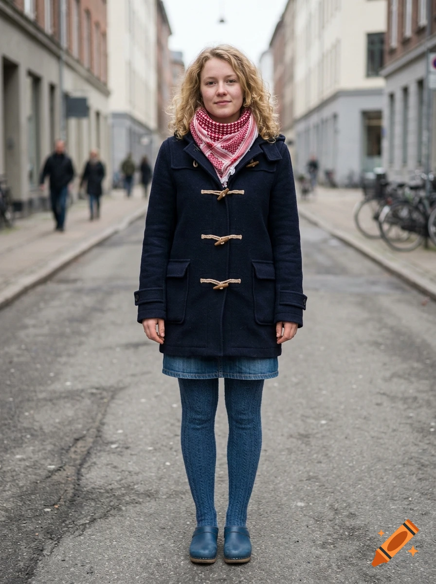 A young woman with curly blonde hair stands on a city street, wearing a dark blue duffel coat, red-and-white patterned scarf, blue skirt, textured blue tights, and blue clogs, with blurred pedestrians and bicycles in the background.