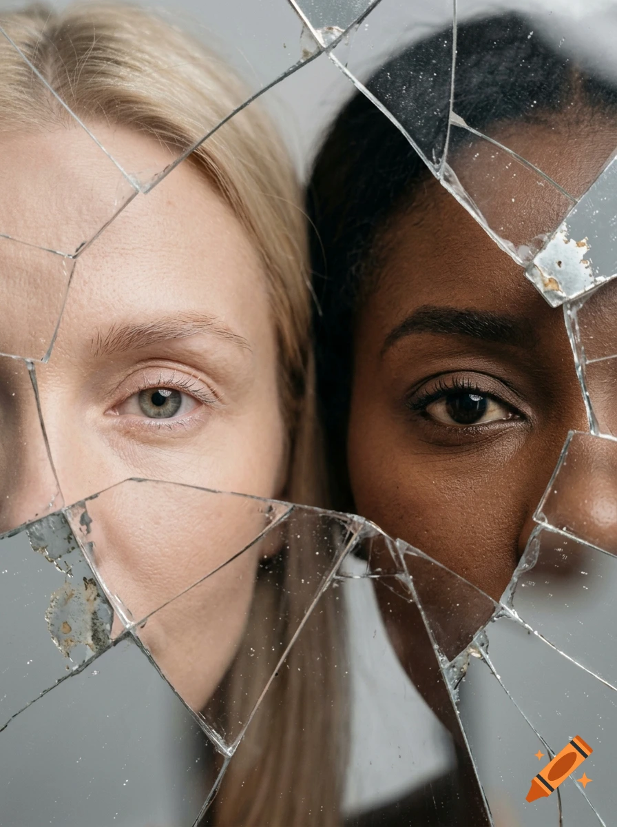 Close-up photorealistic portrait of two women, one blonde and one African American, viewed through a shattered mirror.