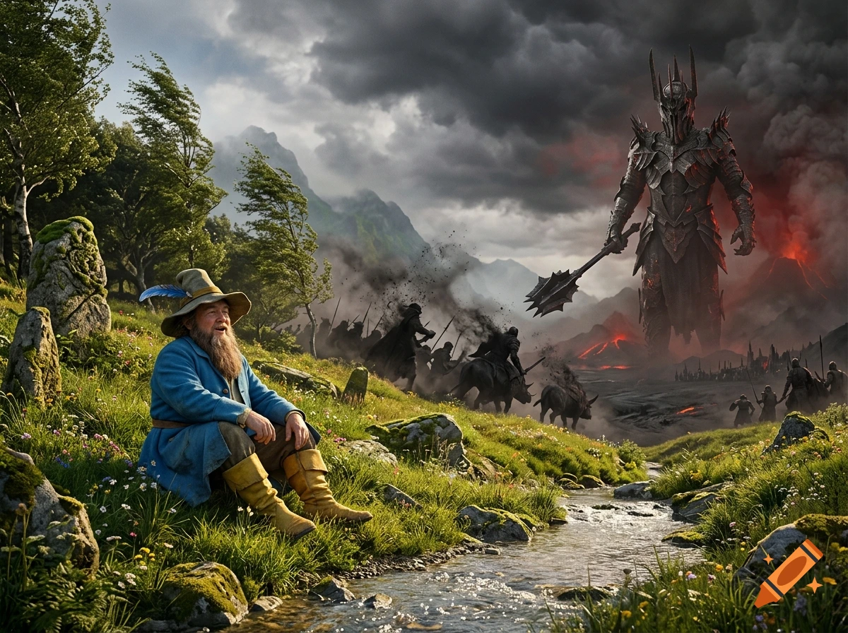 Tom Bombadil sits comfortably in a grassy field by a stream, watching a giant dark armor-clad Sauron and armies clash in the background.