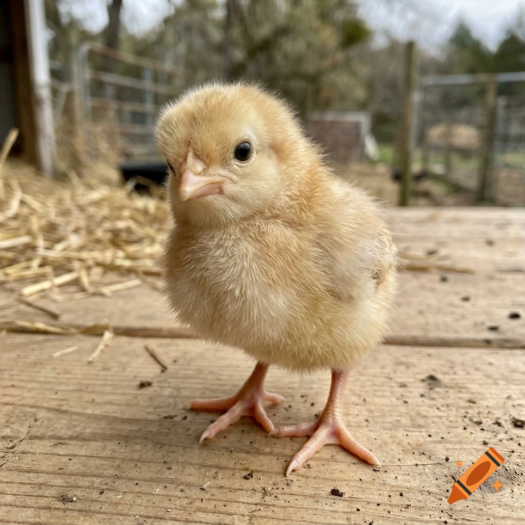 Photorealistic close-up of a fluffy yellow chick standing on a wooden surface outdoors.