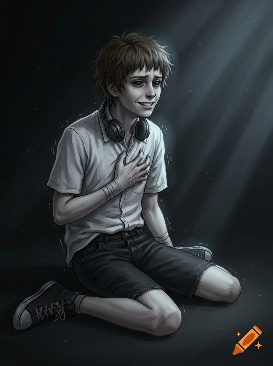 Digital illustration of a distressed young boy sitting on the floor with dark hollow eyes, wearing a white shirt and headphones.