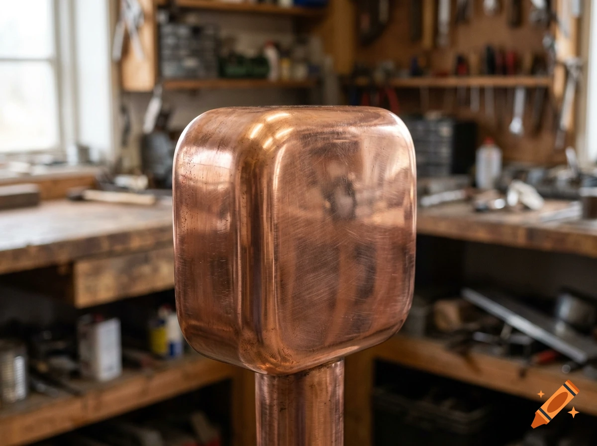 Close-up of a polished copper object in a cluttered workshop.