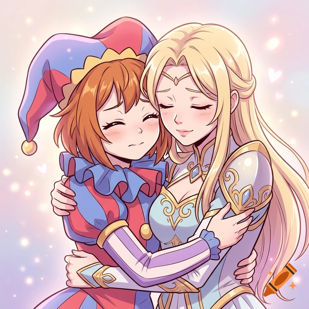 Anime style illustration of Pomni from The Amazing Digital Circus and Angela hugging warmly against a glowing pink background.