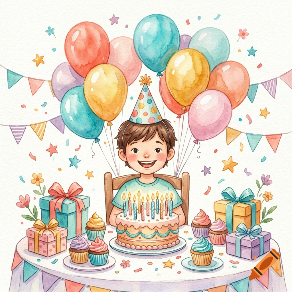Watercolor illustration of a young boy smiling behind a birthday cake with candles, surrounded by balloons, confetti, and gifts.