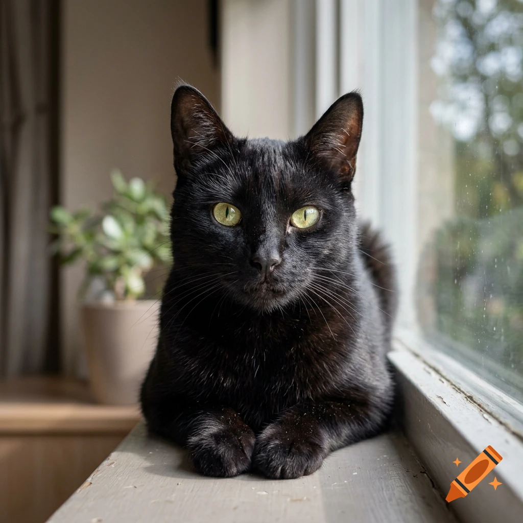 A black cat with striking green eyes resting on a windowsill indoors.