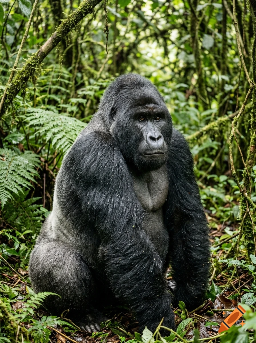 A photorealistic silverback gorilla sitting in a lush green rainforest.