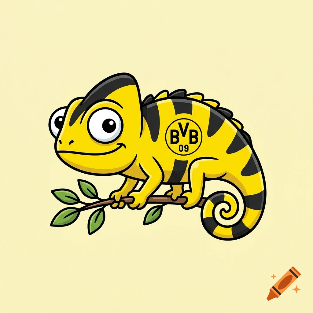 A cute cartoon chameleon in yellow and black colors with a BVB football club logo on its back, perched on a branch.