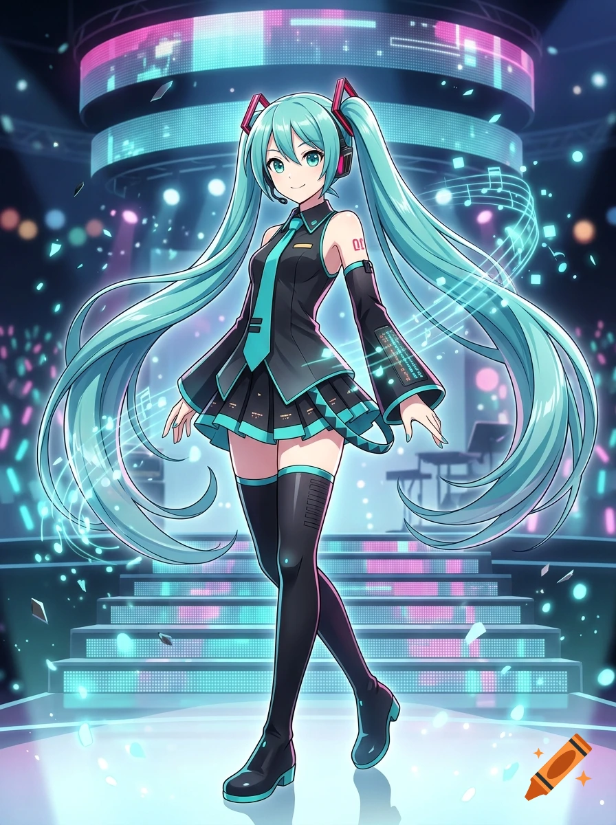 Anime style illustration of Hatsune Miku standing on a stage with glowing neon lights and musical notes.