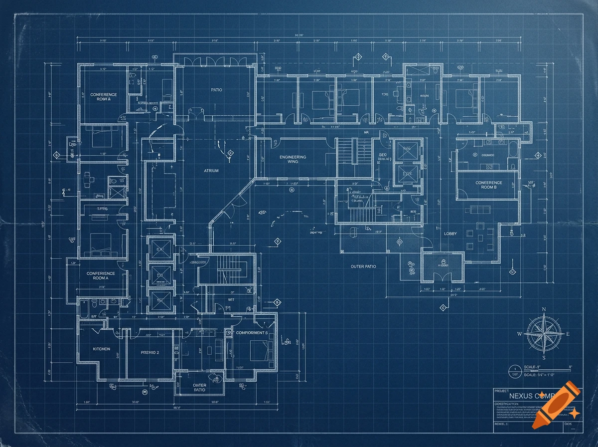 Detailed blue architectural blueprint map of a complex building with rooms, corridors, and measurements.