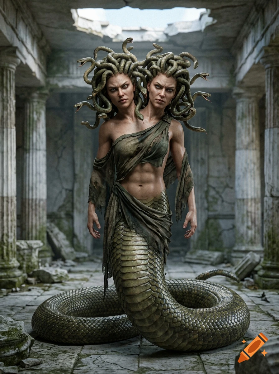 Photorealistic image of a conjoined Medusa with two human heads and snake hair, standing in a ruined ancient temple.