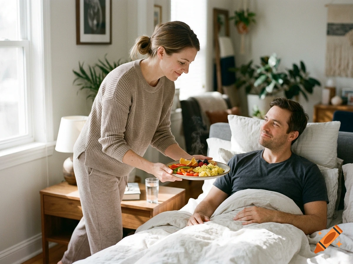 Photorealistic scene of a woman bringing a plate of food to a smiling man in bed.