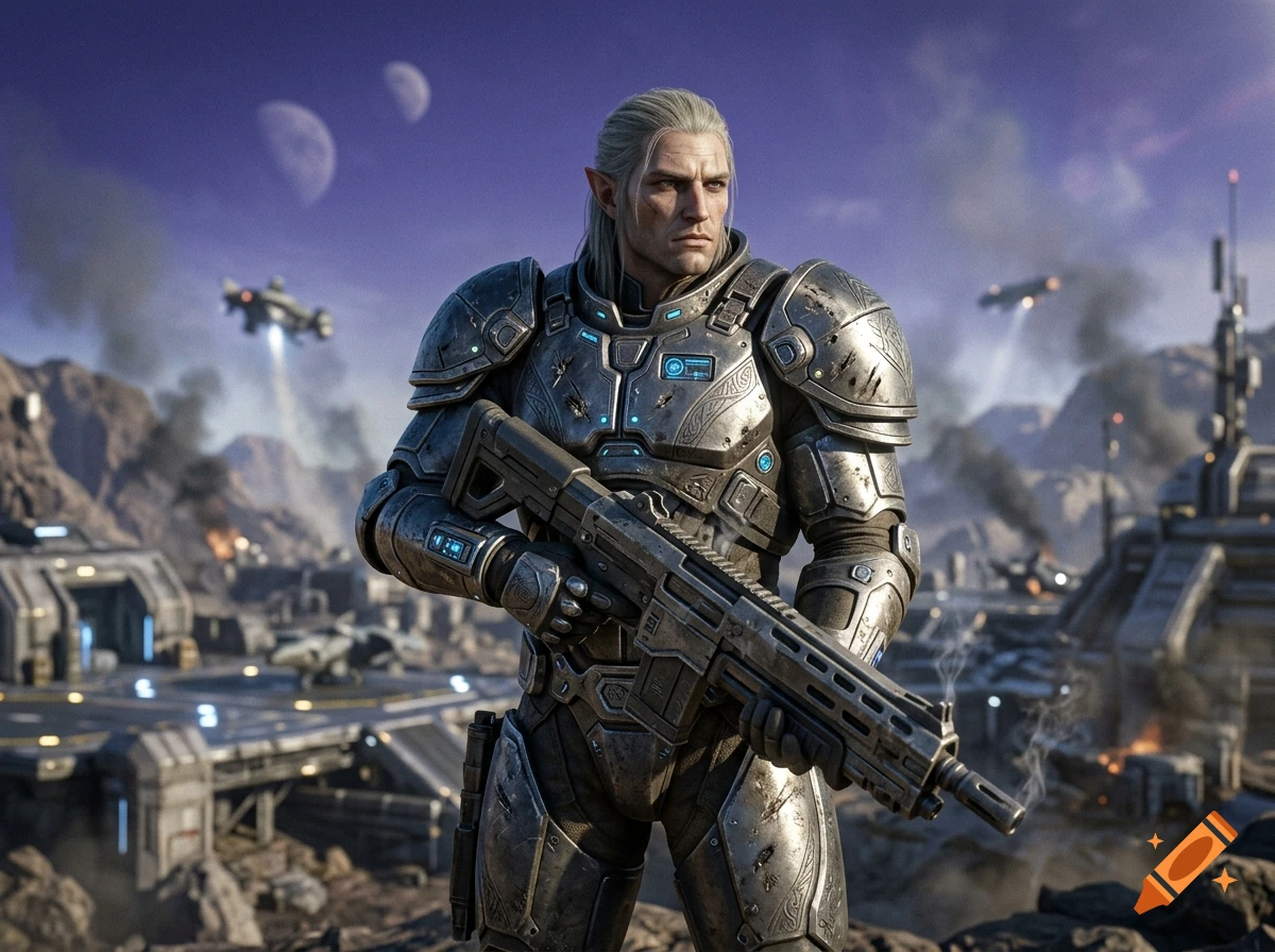 An armored sci-fi character holding a rifle on a planet with a futuristic base and moons in the sky.